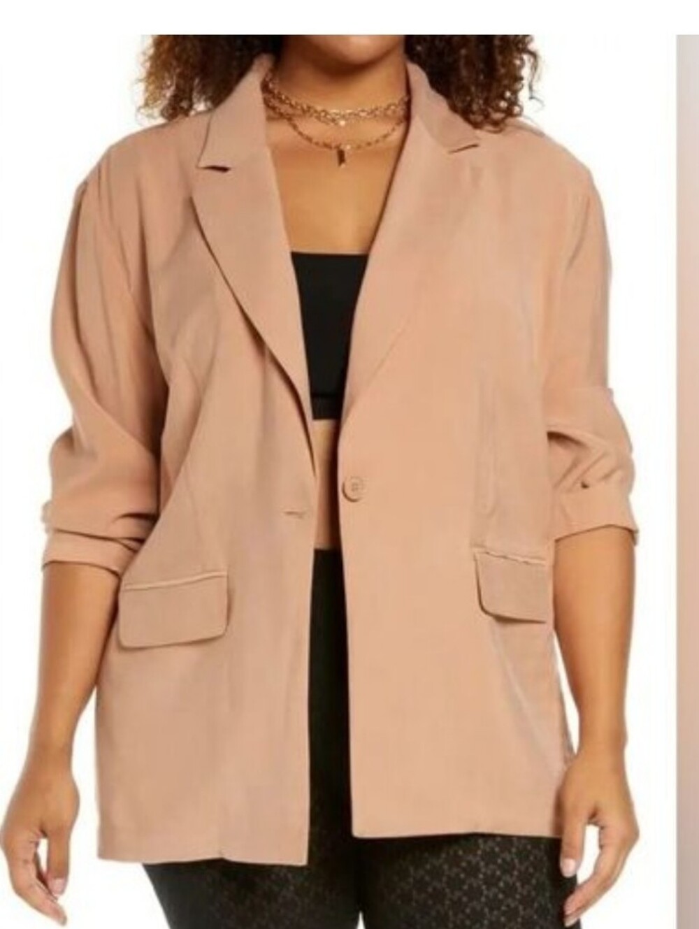Open Edit Women's Single-Button Blazer in Light Taupe- Oversized XS